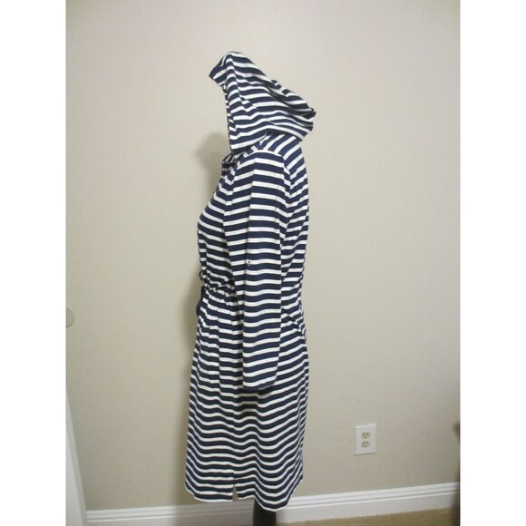 Lands End Navy & White Striped Hooded Drawstring Waist Robe With 3/4 Sleeves - Picture 5 of 10